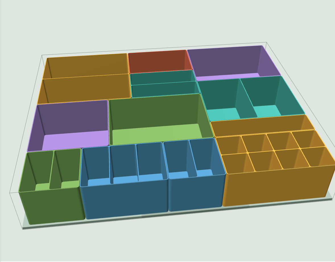3D preview of the finished drawer organizer with bins in different sizes, some with dividers